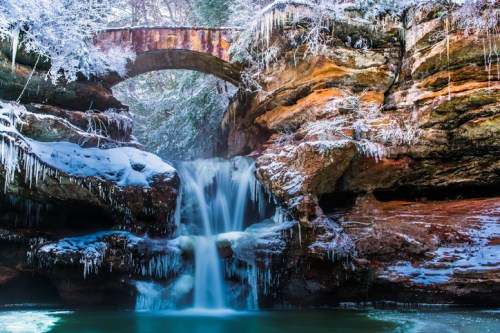 A serene winter scene featuring a waterfall cascading under a stone bridge, surrounded by snow-covered rocks and icicles.