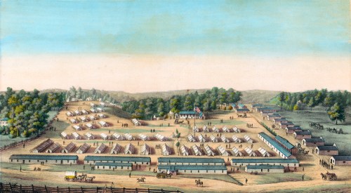 Aerial view of a military camp with tents, buildings, and horses, set in a lush landscape with trees and hills.