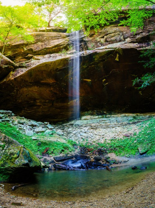 A serene waterfall cascades down rocky cliffs into a tranquil pool, surrounded by lush greenery.