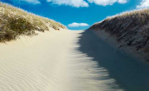 A sandy dune with grass on either side, under a blue sky with scattered clouds. Shadows create a wavy pattern in the sand.