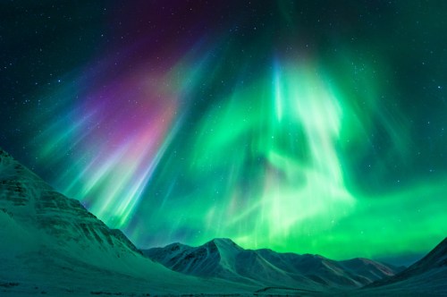 Vibrant auroras dance over snow-covered mountains under a starry night sky.