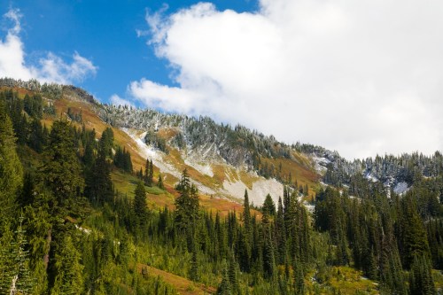 A scenic mountain landscape with lush green trees, colorful foliage, and a partly cloudy blue sky.