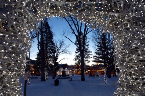A winter scene framed by glowing lights, showcasing trees and a park at dusk with a hint of sunset in the background.