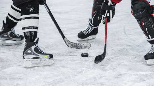 Two hockey players in skates face off over a puck on the ice, ready to compete for possession.