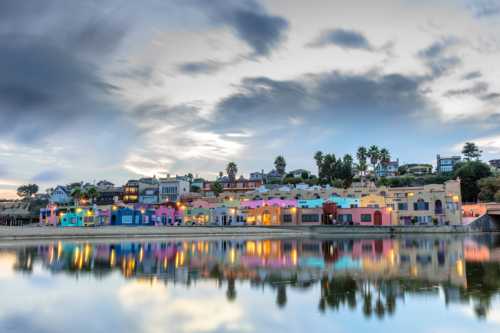 Colorful houses line a waterfront, reflecting in calm water under a cloudy sky at dusk.