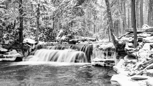 A serene winter scene featuring a flowing waterfall surrounded by snow-covered trees and icy rocks.