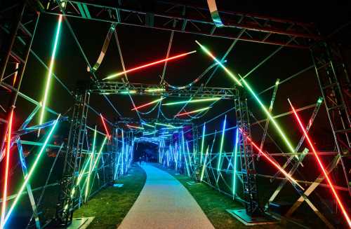 A vibrant light installation with colorful neon beams creating a dynamic pathway at night.