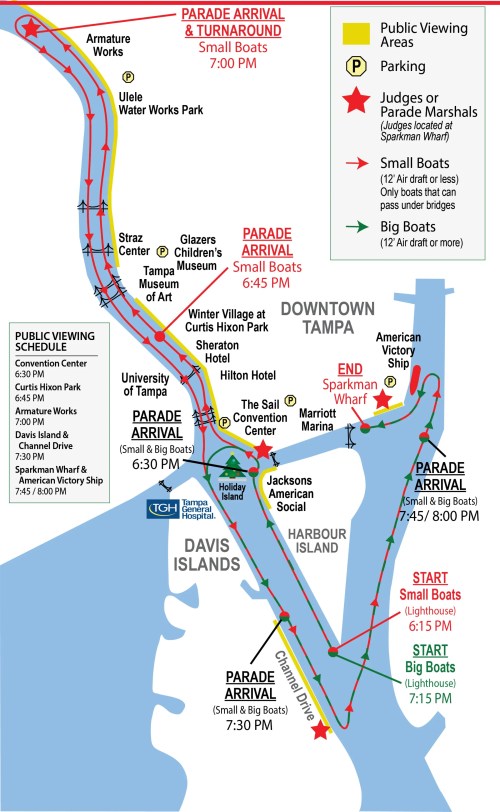 Map of the Tampa Parade route, showing public viewing areas, arrival times, and locations for small and big boats.