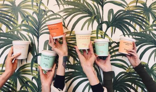 Hands holding various ice cream cups against a tropical leaf backdrop. Each cup features a different flavor label.