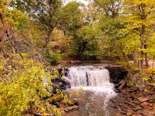 A serene waterfall surrounded by lush green trees and autumn foliage in a peaceful park setting.