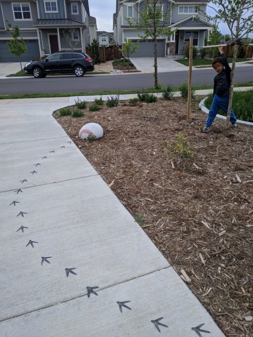 A child stands near a large baseball and a path of arrow markings on a concrete walkway in a residential area.
