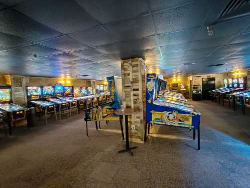 A spacious arcade filled with pinball machines and vintage games, illuminated by warm lights.