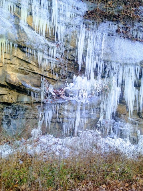 Icicles hanging from a rocky cliff, with some ice covering the ground and sparse vegetation in the foreground.