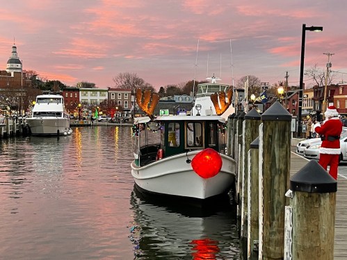 A festive boat with reindeer antlers and a red ornament docked at a harbor during sunset, with buildings in the background.