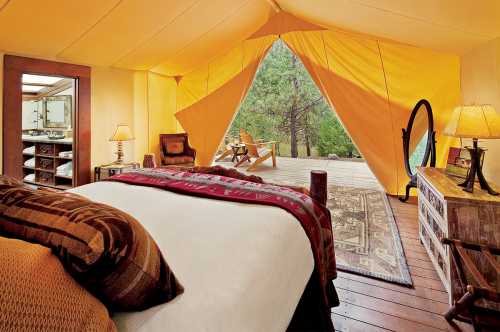 Cozy tent interior with a bed, wooden furniture, and a view of a forest through an open entrance. Warm, inviting atmosphere.