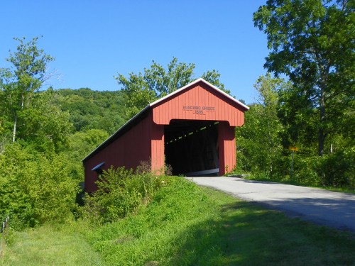 A red covered bridge surrounded by green trees and a clear blue sky, leading into a scenic landscape.