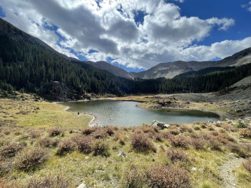 A serene mountain lake surrounded by lush greenery and rocky terrain under a partly cloudy sky.