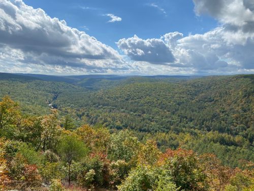 A scenic view of a lush green valley surrounded by hills, under a partly cloudy sky. Autumn colors are visible in the foliage.