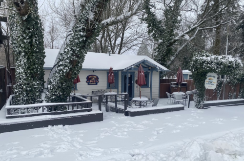A cozy restaurant covered in snow, with outdoor seating and umbrellas, surrounded by trees.