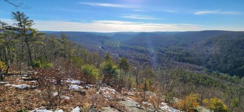 A panoramic view of a valley surrounded by mountains, with trees and patches of snow under a clear blue sky.