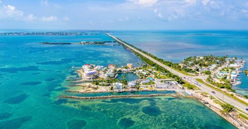 Aerial view of the road leading to Key West, Florida, with the ocean on either side