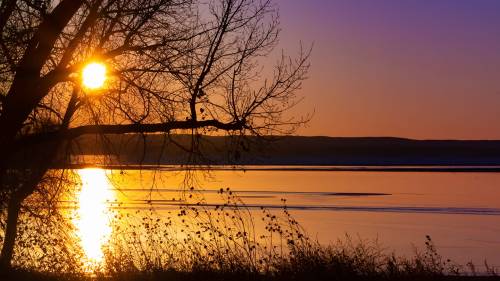 Sunset over a calm lake, with silhouetted trees and vibrant orange and purple hues in the sky.