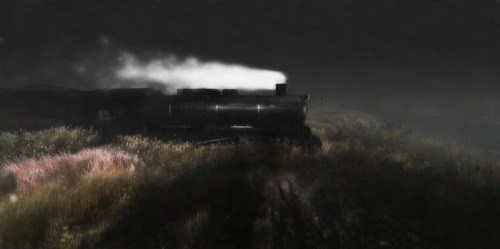 A vintage steam train chugs through a misty landscape, surrounded by tall grass and a mysterious atmosphere.