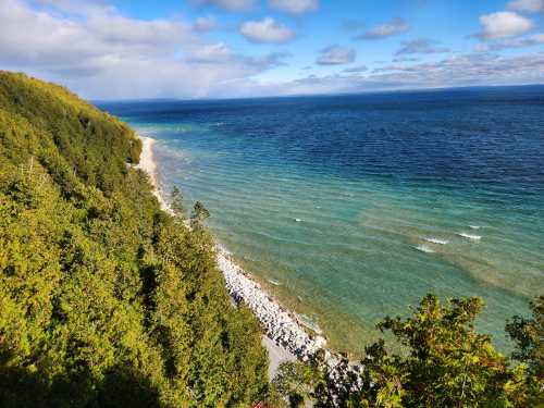 A scenic view of a coastline with clear blue water, rocky shore, and lush green trees under a partly cloudy sky.