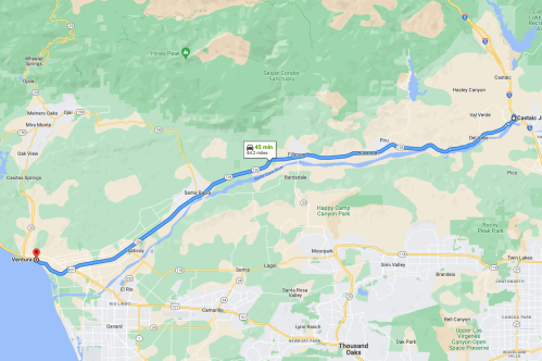 Map showing a route from Ventura to Carpinteria, California, with distance and estimated travel time indicated.