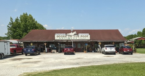 A rustic antique shop named "Goose on the Roof" with a metal roof and several parked cars in front.