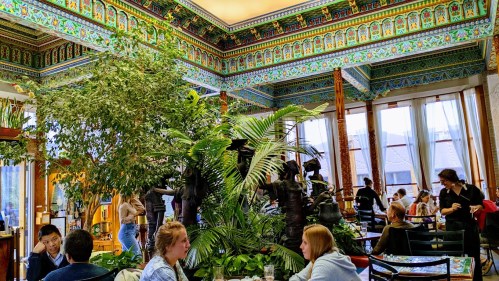 A vibrant café with lush plants, colorful decor, and people enjoying their time at tables.
