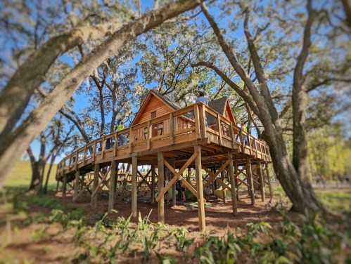 A wooden treehouse on stilts surrounded by trees, featuring a deck and a sunny blue sky in the background.