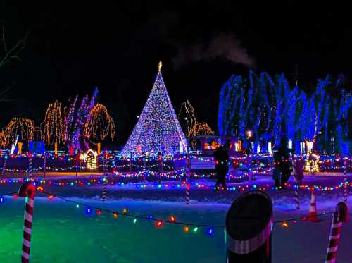 A brightly lit Christmas tree surrounded by colorful lights and decorations in a winter landscape at night.