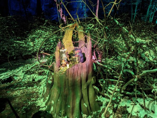 A tree stump in a snowy forest, adorned with small decorations and surrounded by branches and colorful lighting.