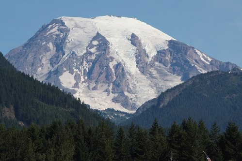 A snow-capped mountain rises above a dense forest of evergreen trees under a clear blue sky.