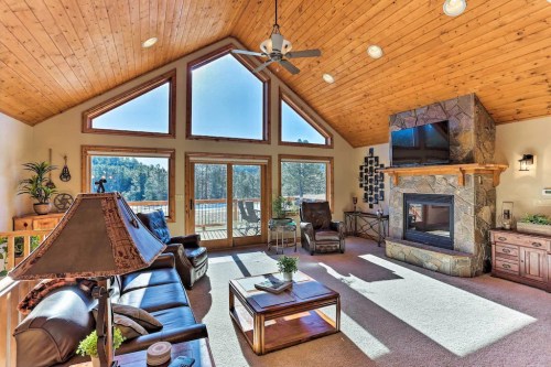 Cozy living room with large windows, wooden ceiling, stone fireplace, and comfortable seating, overlooking a scenic view.