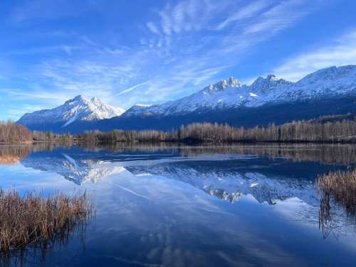 A serene lake reflects snow-capped mountains and a clear blue sky, surrounded by trees and grasses.