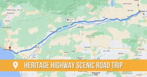 Map showing the Heritage Highway Scenic Road Trip route from Ventura to Coastal areas, with key locations marked.