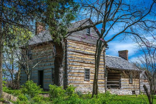 A rustic log cabin surrounded by trees and greenery under a bright blue sky.