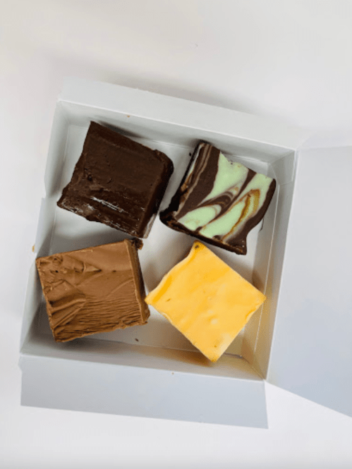A box containing four pieces of fudge: chocolate, mint swirl, caramel, and yellow fudge.