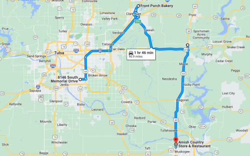 Map showing a route from Front Porch Bakery to Amish Country Store & Restaurant, with a travel time of 1 hour 46 minutes.
