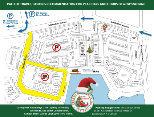 Map showing travel and parking recommendations for peak days, highlighting closed streets and parking locations.