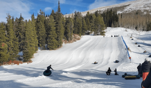 A snowy hill with people tubing down, surrounded by evergreen trees and a clear blue sky.