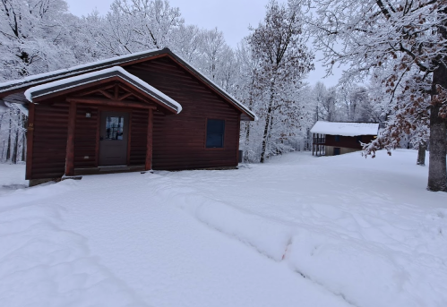 A snowy landscape featuring two wooden cabins surrounded by trees, with a path leading through the snow.