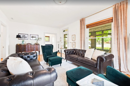 Cozy living room with dark leather sofas, green armchairs, a light rug, and large windows letting in natural light.
