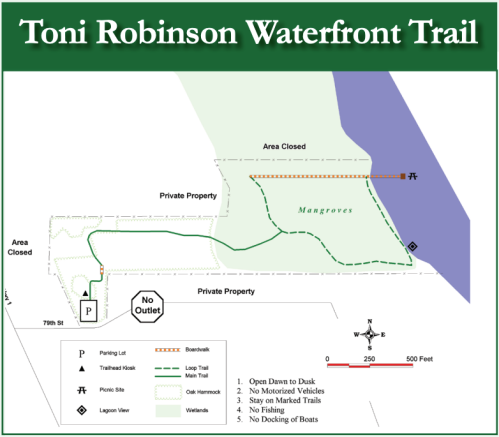 Map of Toni Robinson Waterfront Trail showing trails, closed areas, and rules for visitors.