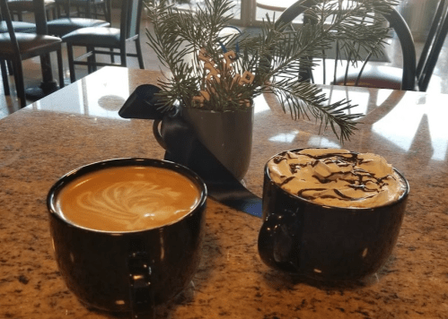Two coffee cups on a table, one with latte art and the other topped with whipped cream and chocolate drizzle, beside a small plant.