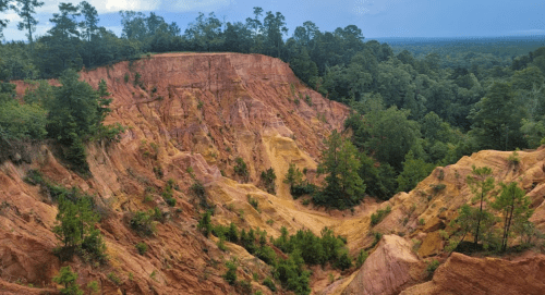 A panoramic view of a colorful canyon surrounded by lush green trees under a cloudy sky.