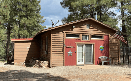 A rustic wooden cabin surrounded by pine trees, featuring a red door, star decoration, and an American flag.