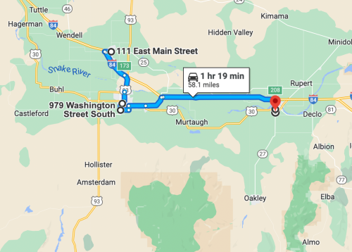 Map showing a route from 111 East Main Street to 979 Washington Street South, with a travel time of 1 hour 19 minutes.